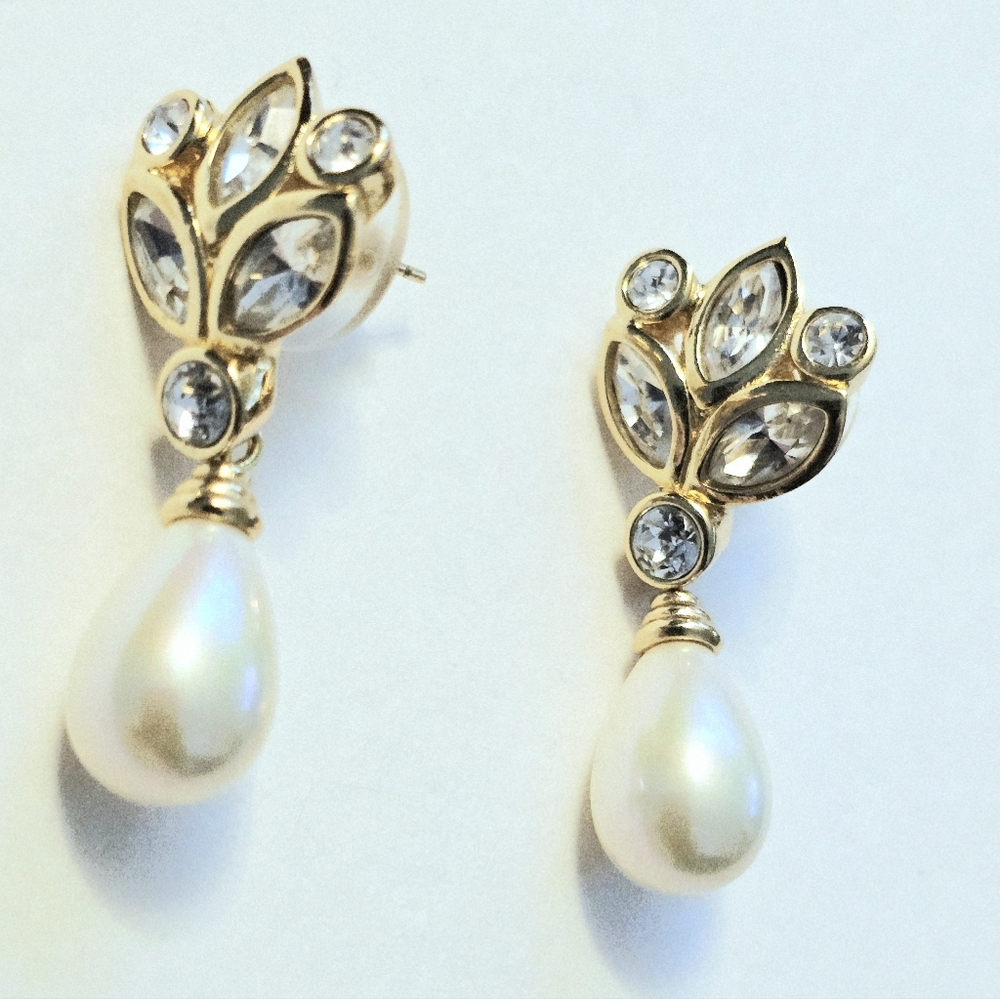 Christian Dior Vintage 90s pearl drop Swarovski crystal dangle earrings - Picture 6 of 10